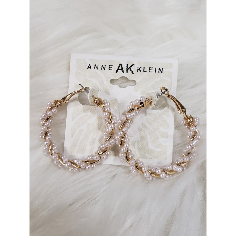 STUNNING NEW Anne Klein Faux Pearl Wire Braided Gold Tone Hoop Earrings